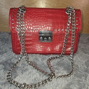 Badgley Mischka Red Croc-Embossed Shoulder Bag